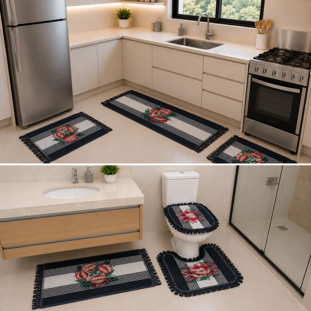 Jogo de Banheiro + Kit Passadeira Estampado Tapete de Cozinha 3 Peças para Casa