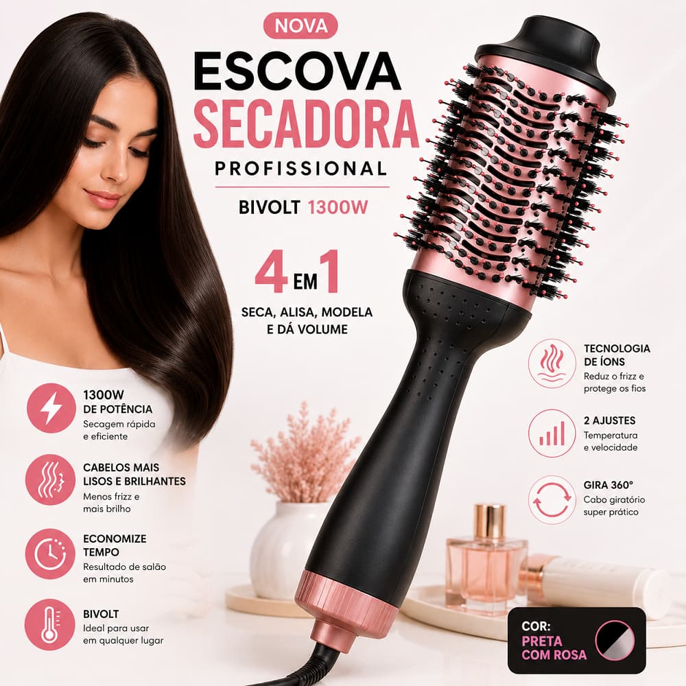 Escova Secadora Cabelos Profissional Potente Bivolt 1300W Modeladora Alisadora