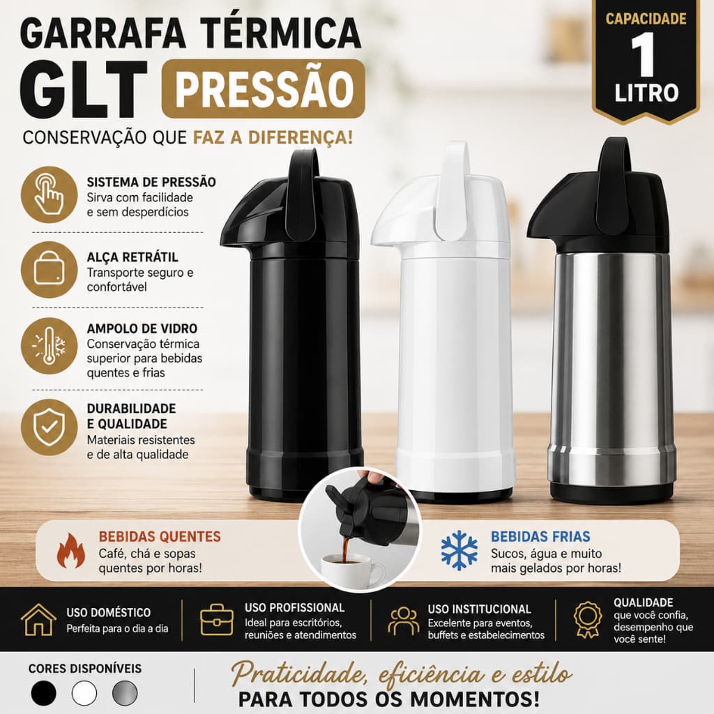 Garrafa Térmica Café Chá invicta Agua Quente Bebidas GLT Pressão 1Litro