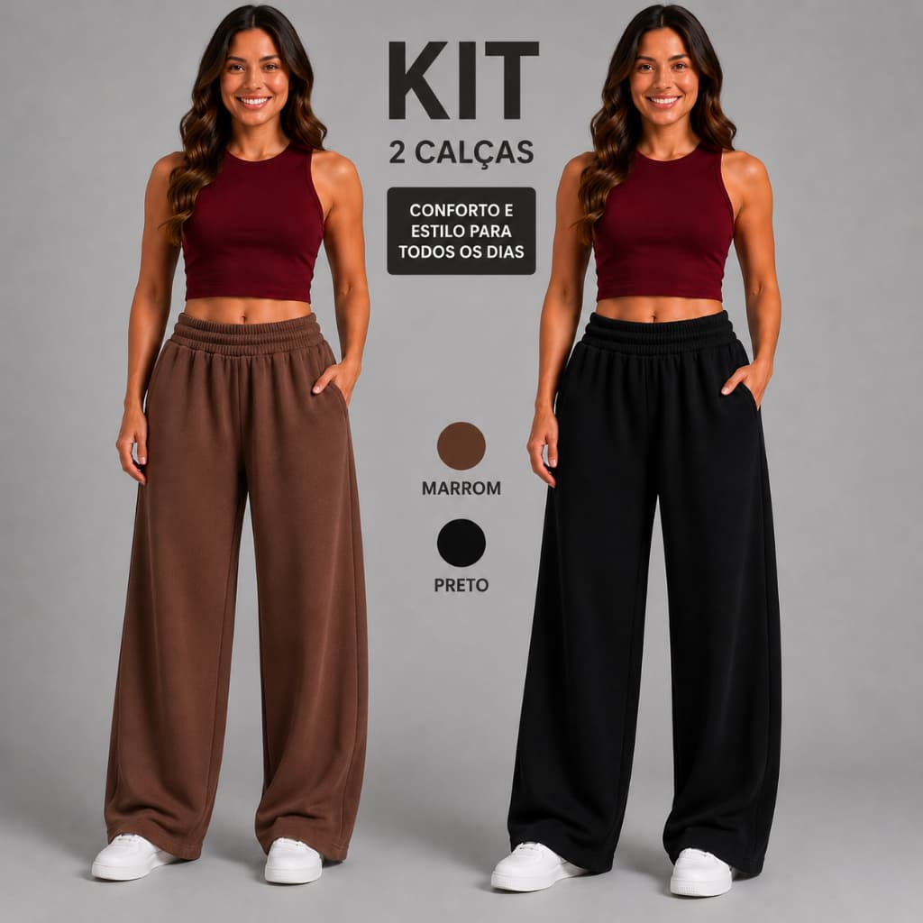 Kit 2 Calças Moletom Wide Leg Feminina Cintura Alta Pantalona Larga Conforto Casual