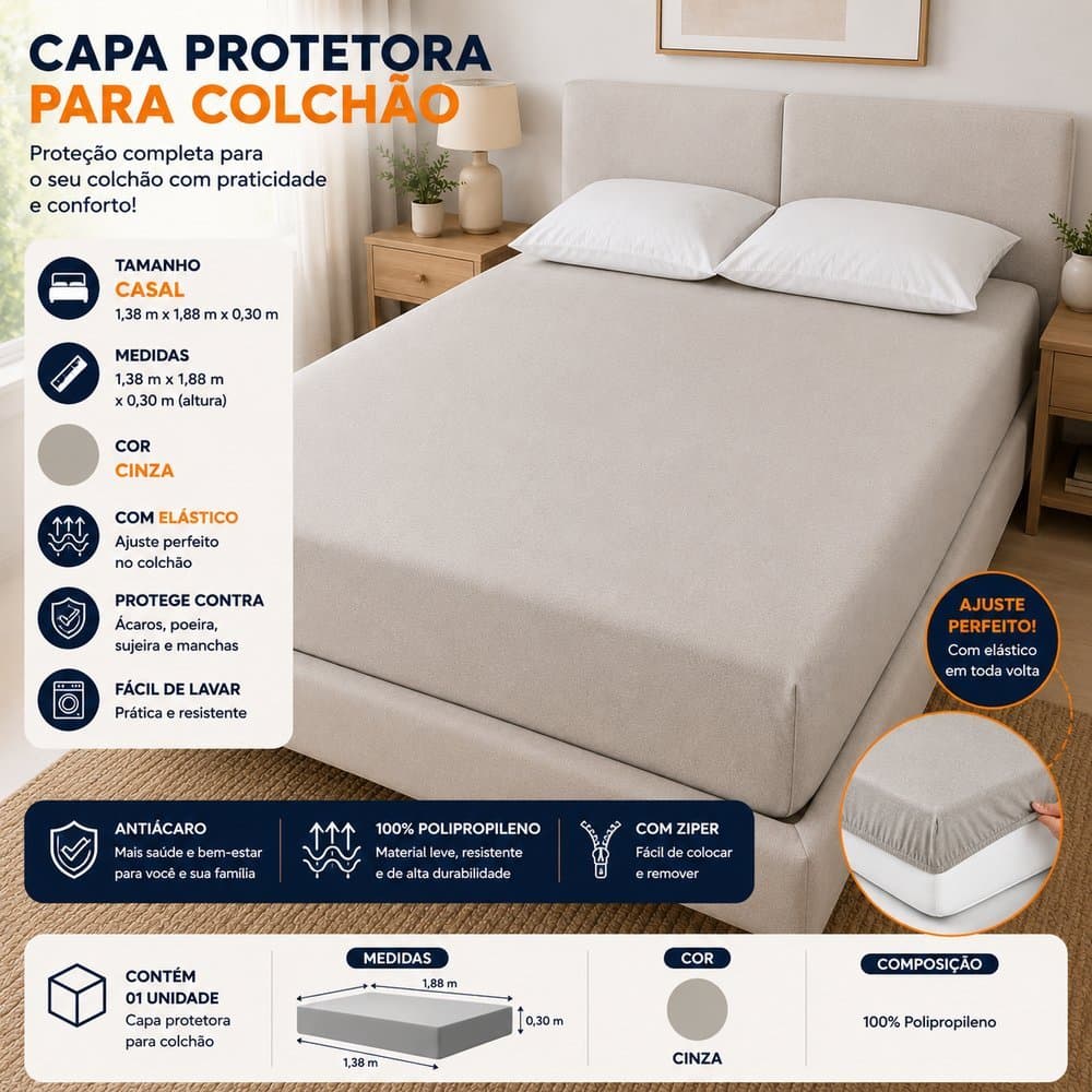 Capa Protetora para Colchão Casal com Elástico Cinza | Protetor Antiácaro Lavável