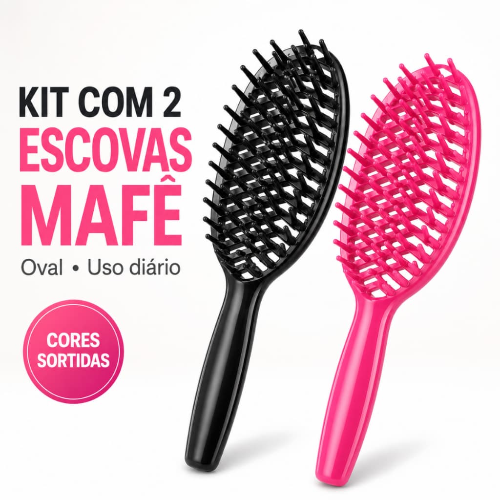 Kit 2 Escovas Mafê Oval Desembaraçadora Cabelo Uso Diário Cor Sortida
