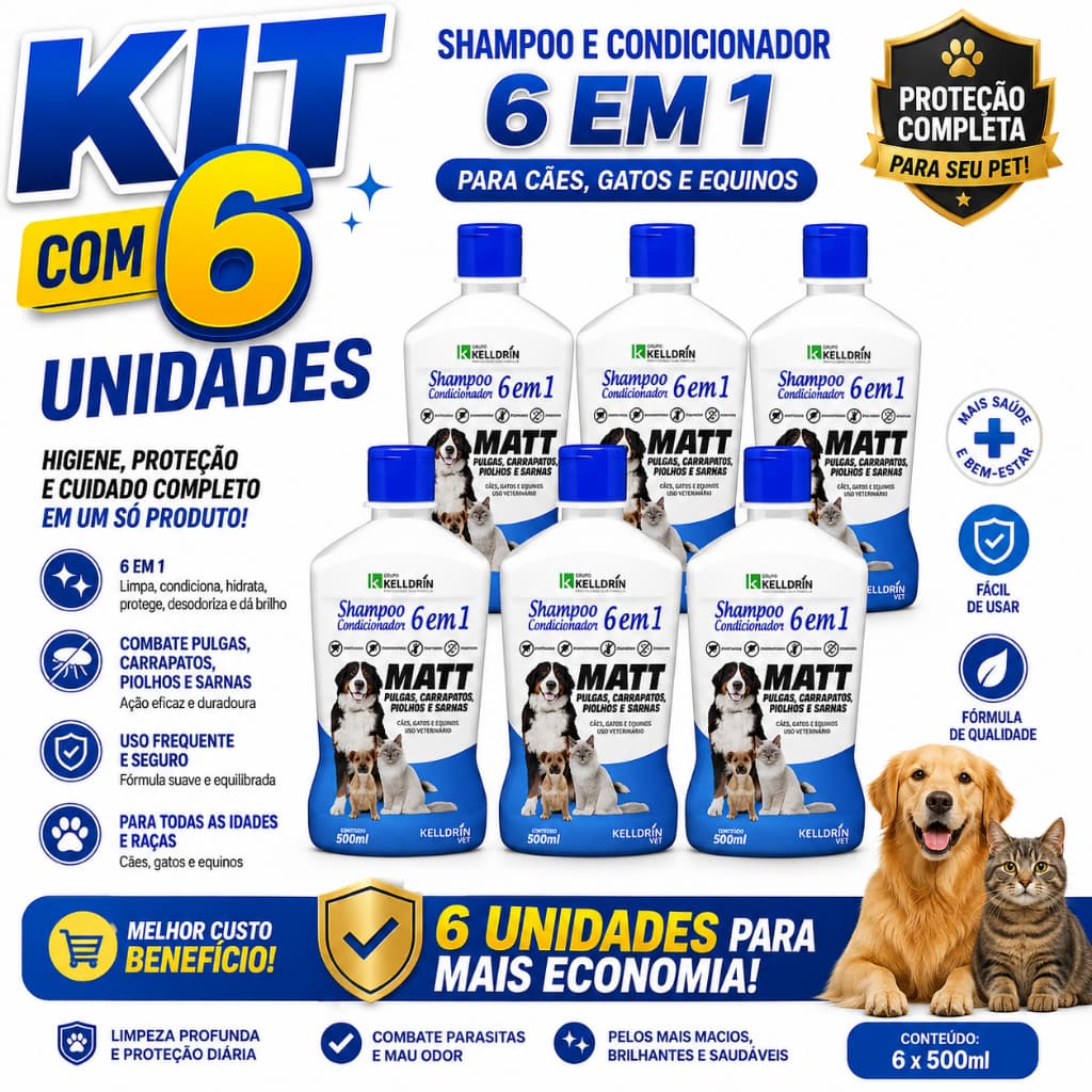 Kit C/ 6 unidades Shampoo Condicionador 6 Em 1 Matt Pulgas Kelldrin anti pulga, carrapato e piolho