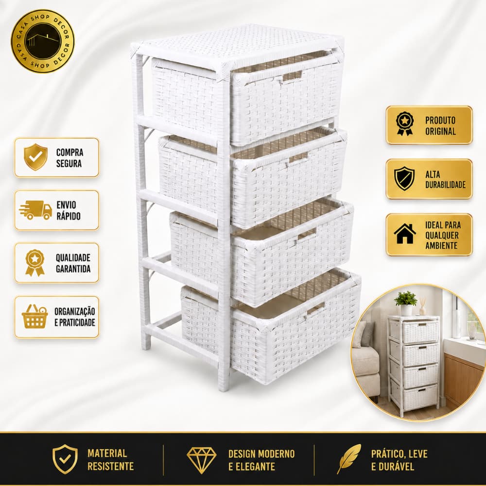 Gaveteiro Organizador 4 Gavetas Fibra Sintética 32x44x85 Banheiro Quarto Criado Mudo Alto Luxo Casas