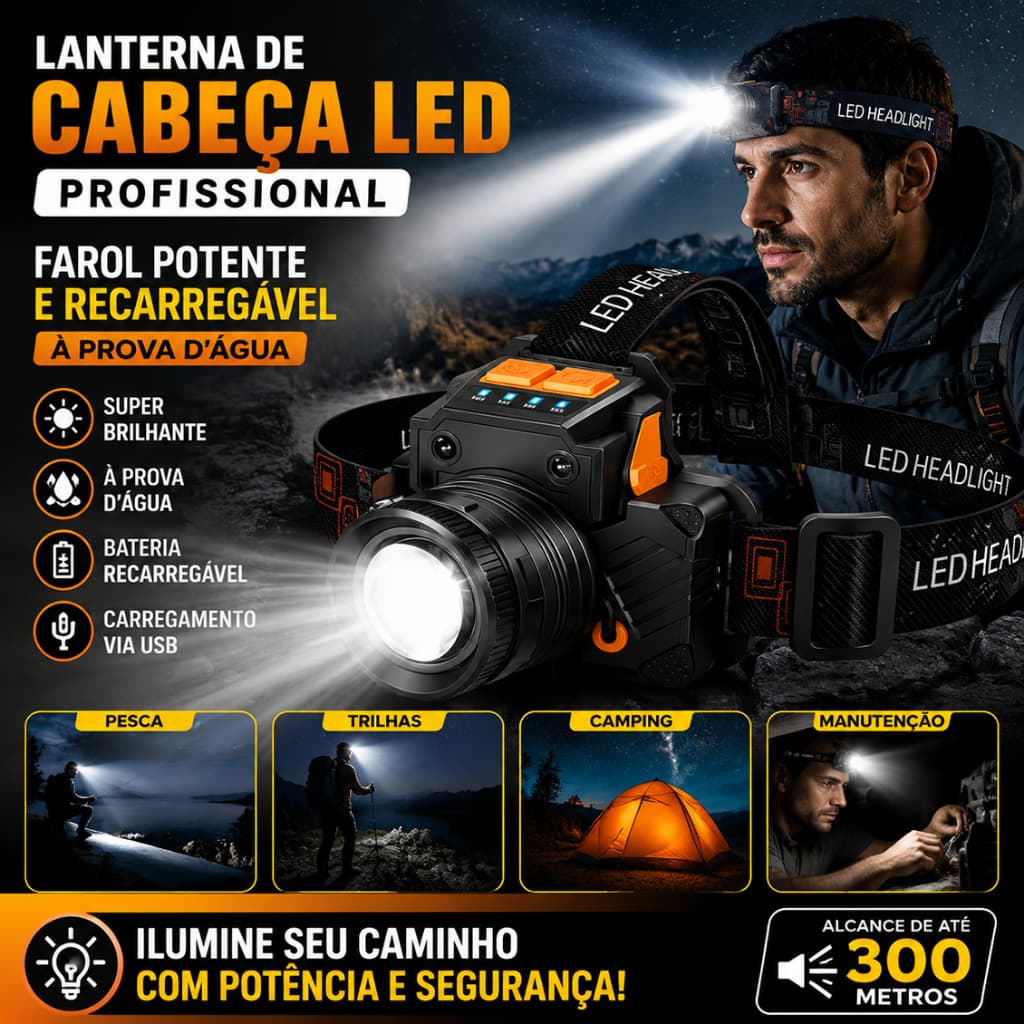 Lanterna de Cabeça LED Profissional - Farol Potente e Recarregável à Prova d'Água