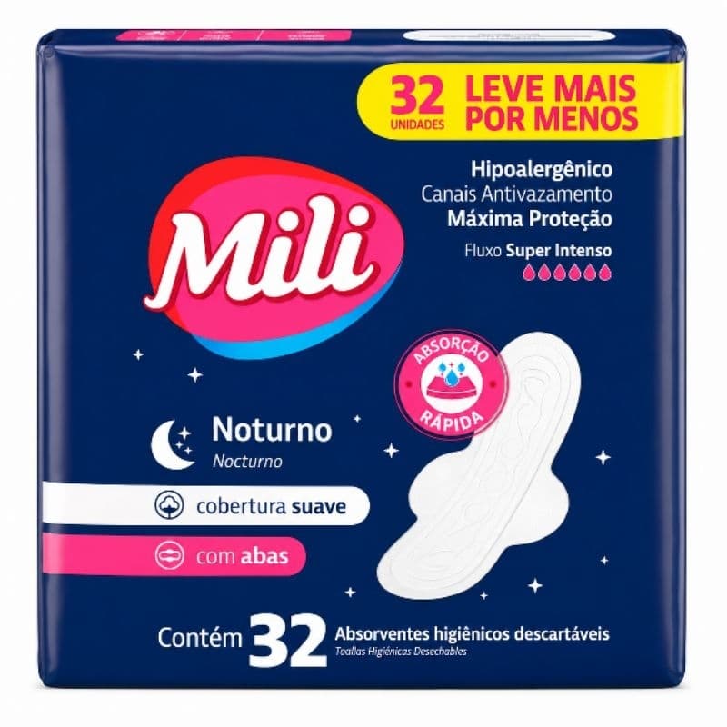Absorvente Mili Noturno Suave Com Abas 32 Unidades