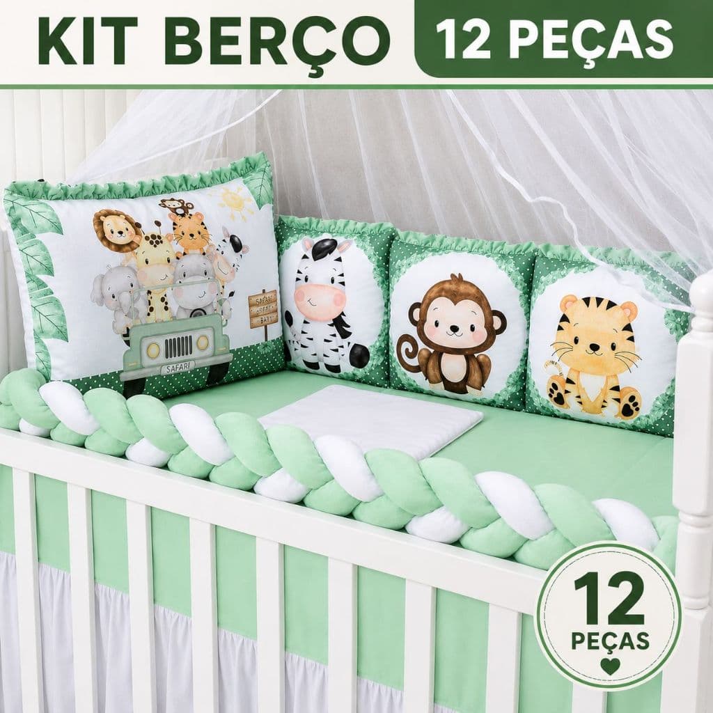 Kit Berço Safari Verde Padrão Americano Almofadinha 12 Peças Completo