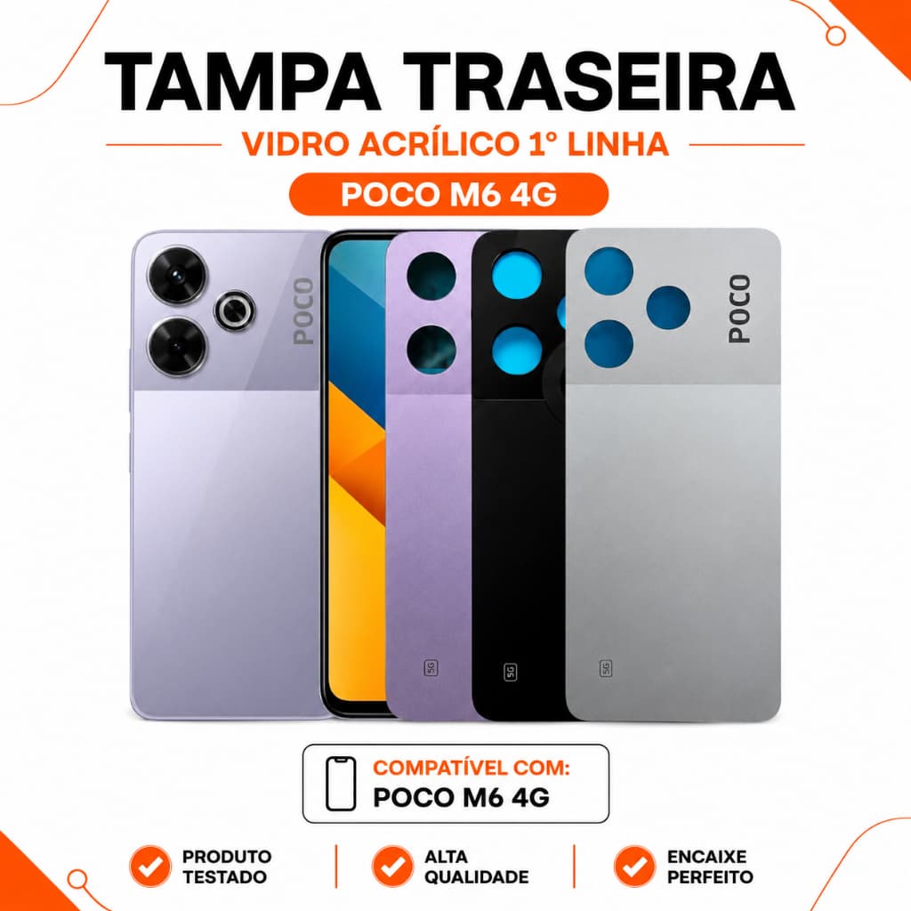 Tampa Traseira Poco M6 4G Vidro acrílico 1° Linha Capa de Trás Sem Logo CE Encaixe Perfeito Carcaça