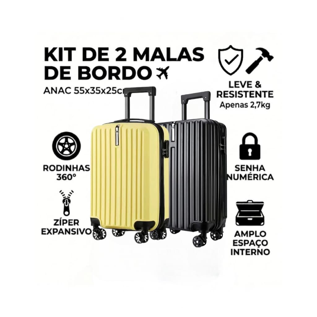 Kit 2 Mala de Viagem Bordo 10kg  Pequena ABS Rígida Rodinhas 360 Com Zíper Expansivel