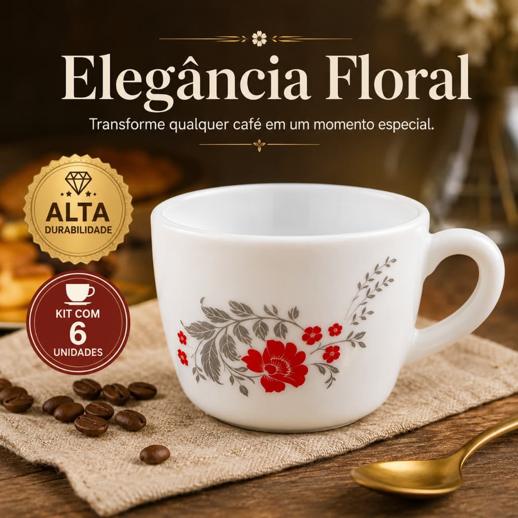 Jogo 6 Xícaras Chá Café 130ml Branco Floral Cerâmica Premium | Mesa Posta Cantinho do Café | Presente Decoração Cozinha