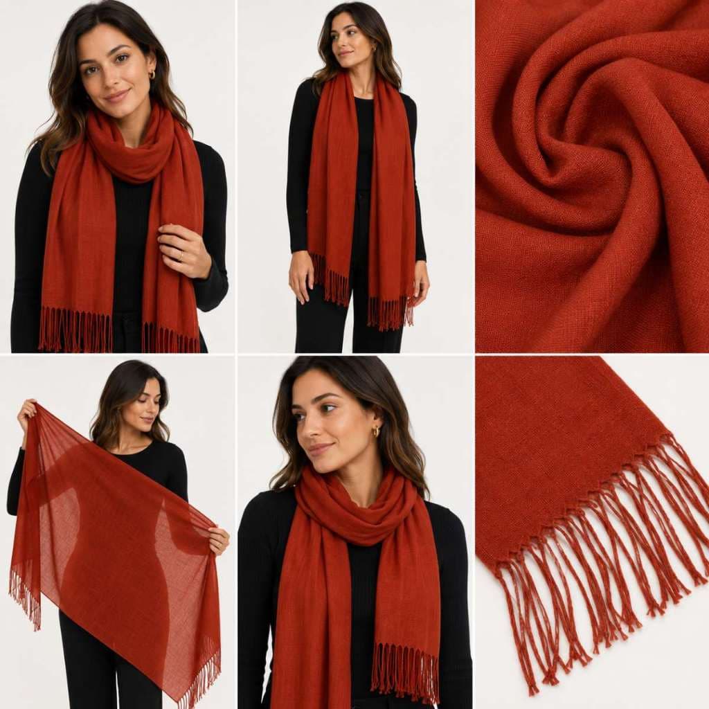 Cachecol Ferrugem Pashmina Xale com Franja 100% Poliéster Moda Unissex Elegante e Confortável