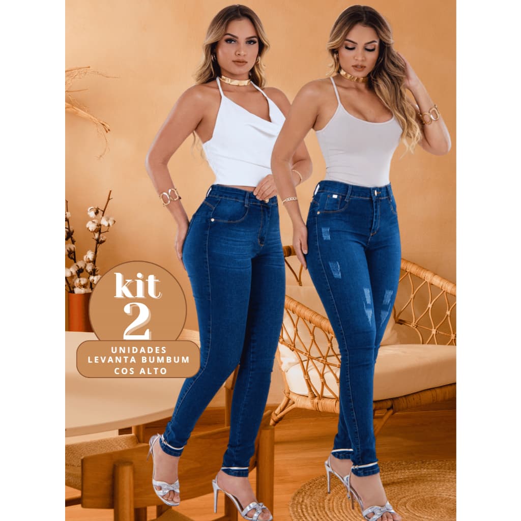 Kit 2 Calças Jeans Feminina Skinny Bigode e Puido delicada jeans Cintura Alta Efeito Levanta Bumbum
