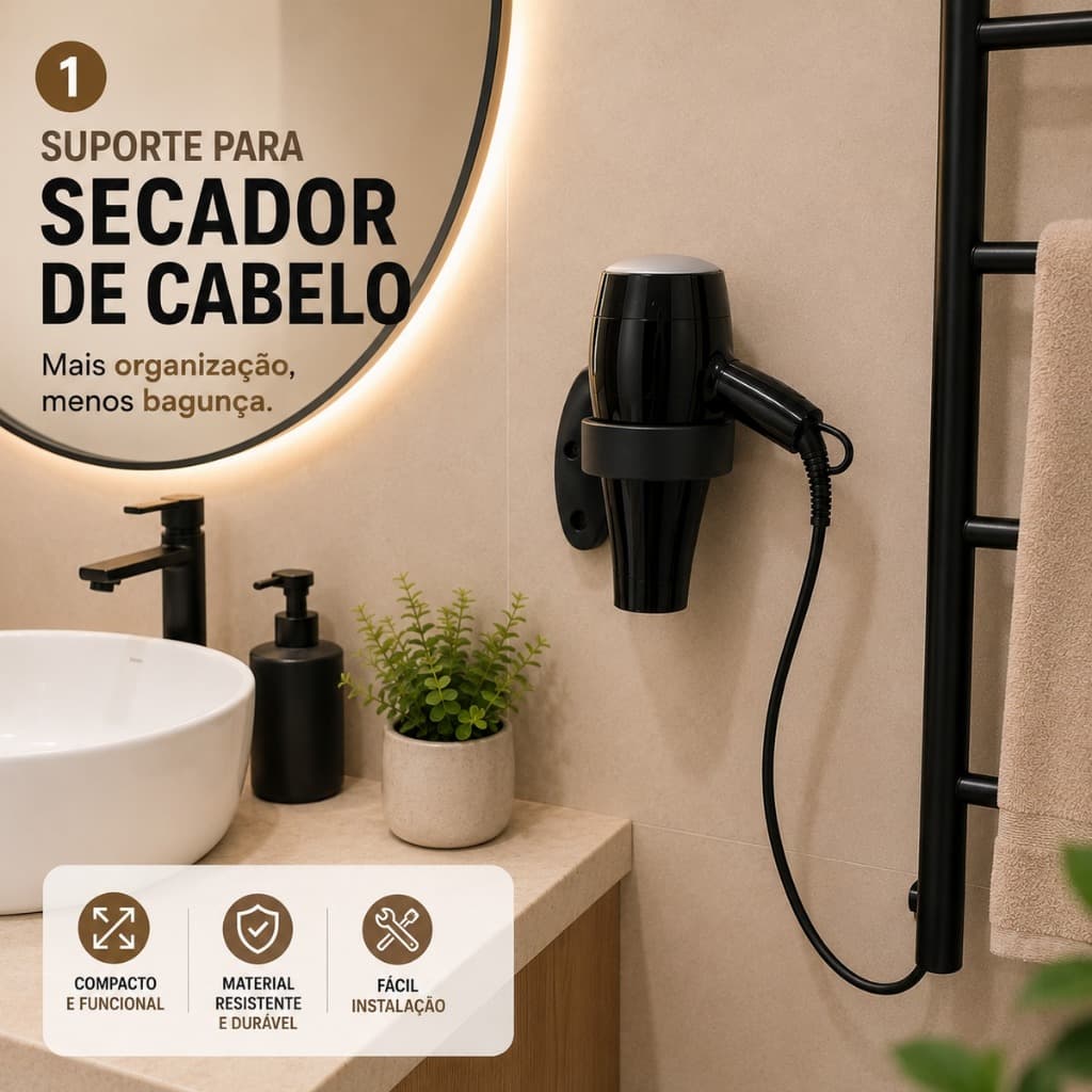 Suporte Porta Secador de Cabelo Parede Universal Organizador Banheiro Preto com Parafusos