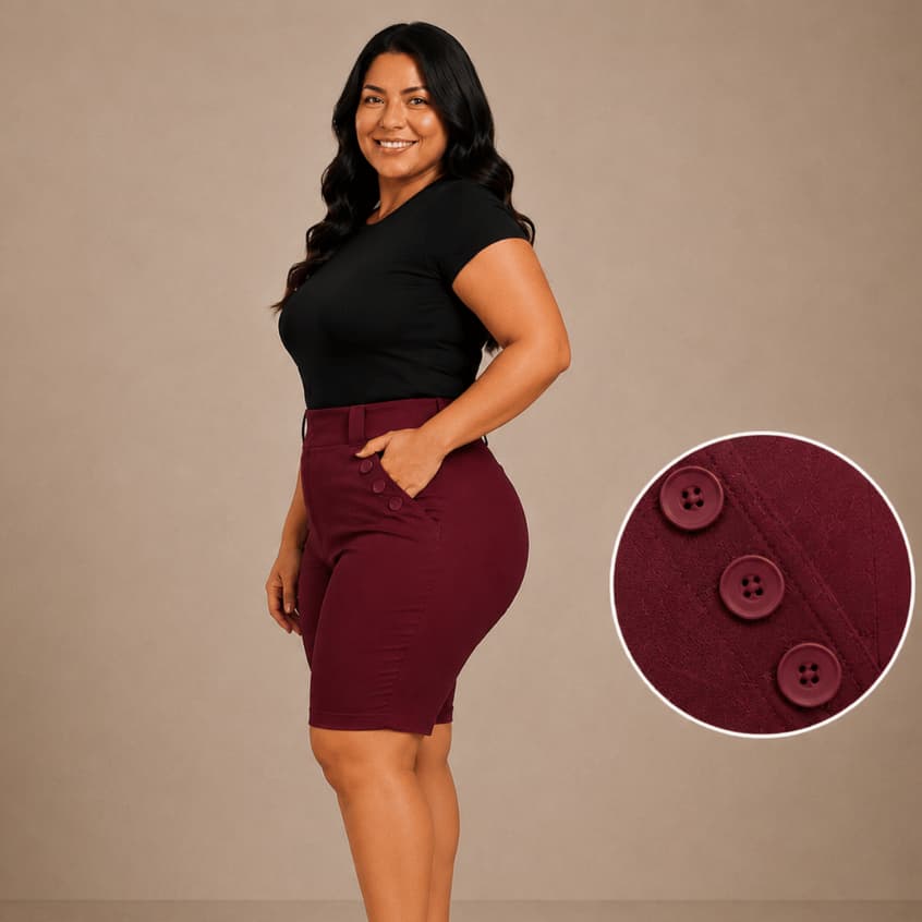 Bermuda Social Feminina Plus Size Com 6 Botões Tecido Bengaline Cintura Alta Alfaiataria 42 ao 52