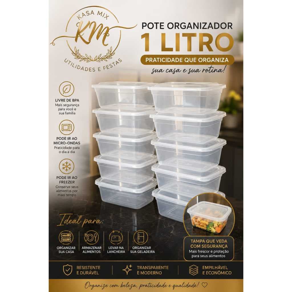 Pote organizador 1 Litro Transparente kit 10 unidades  Marmita Fitness Organizador Microondas Freezer BPA Free Vasilha