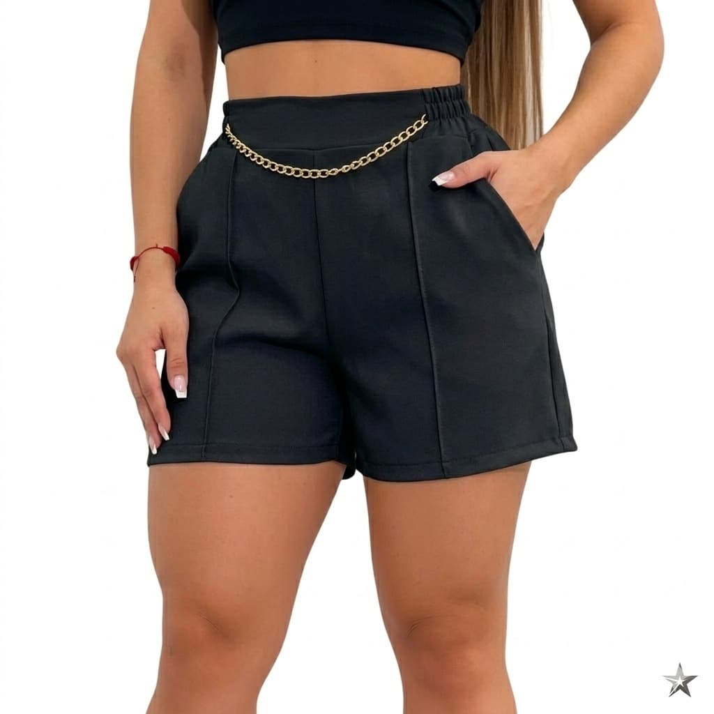 Shorts Feminino Duna Com Corrente e Bolso Elegante Estiloso Alfaiataria Soltinho Moda Verão Social