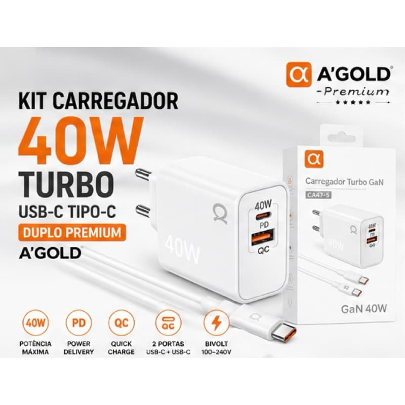 Kit  A ‘ Gold Carregador Turbo GaN 40W USB-C PD + QC com Cabo USB-C A’GOLD Premium a-gold