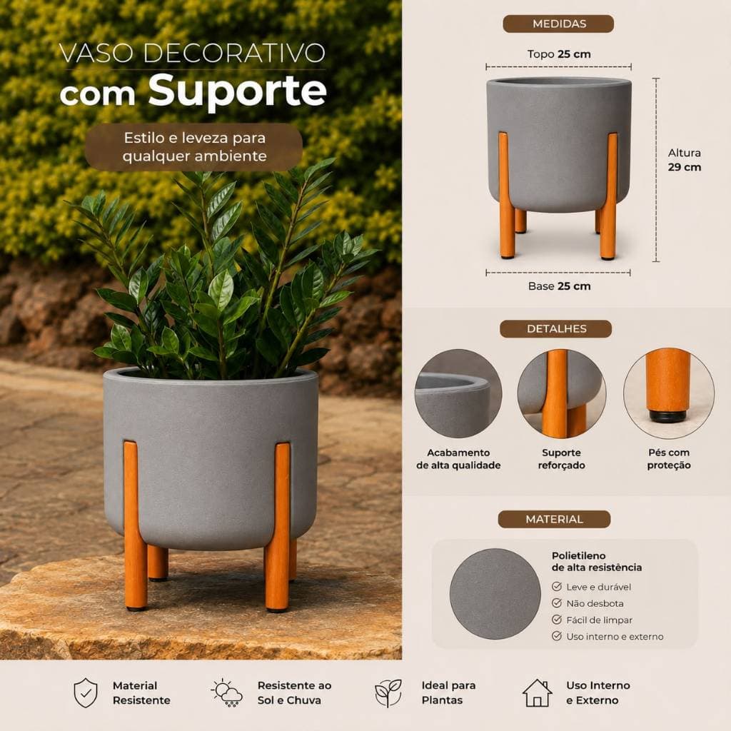 Vaso Polietileno Para Plantas com Pé de Madeira Vaso Nórdico com Suporte P