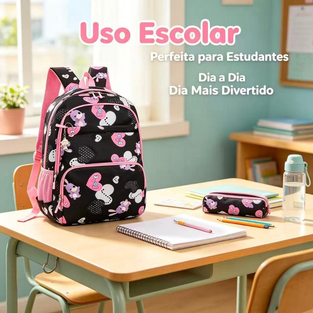 Mochila com encosto e estampa de desenho animado