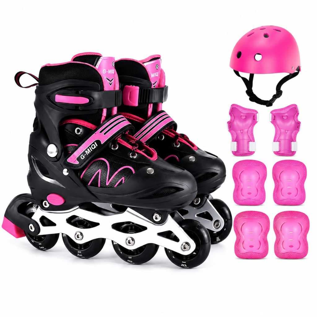 Patins Roller Infantil 4 Rodas Inline Preto/Rosa Com Led NUMA RODINHA + Kit