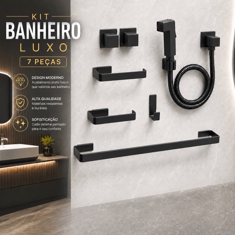 Kit Banheiro Preto Fosco 7 Peças + Ducha Higiênica + 2 Acabamentos Registro Quadrado Deca Lavabo