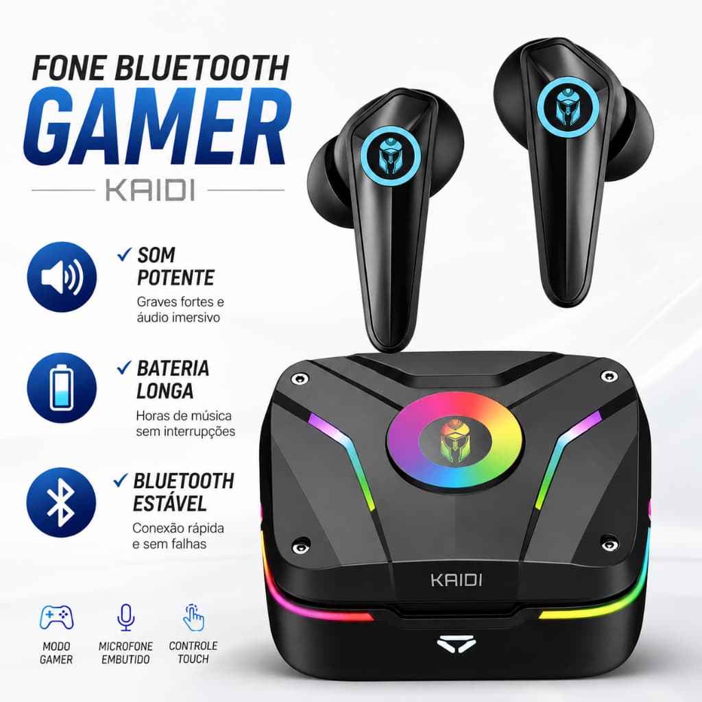 Fone de Ouvido Kaidi Gamer Luz de Led Rgb Som Academia Bluetooth Sem Fio Tws Kd-G1