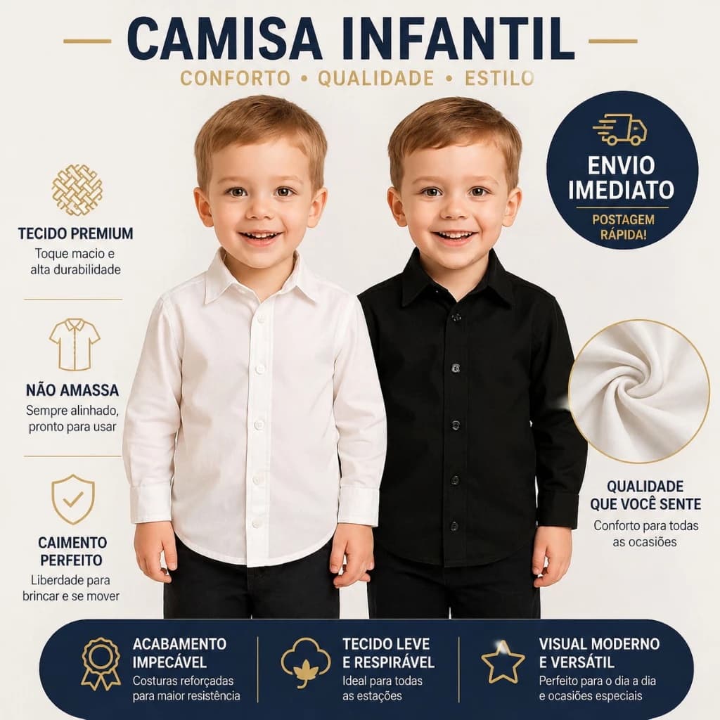 Camisa Social Infantil Manga Longa Não Amassa Premium Menino Tam 2 ao 10 ENVIO IMEDIATO !!!