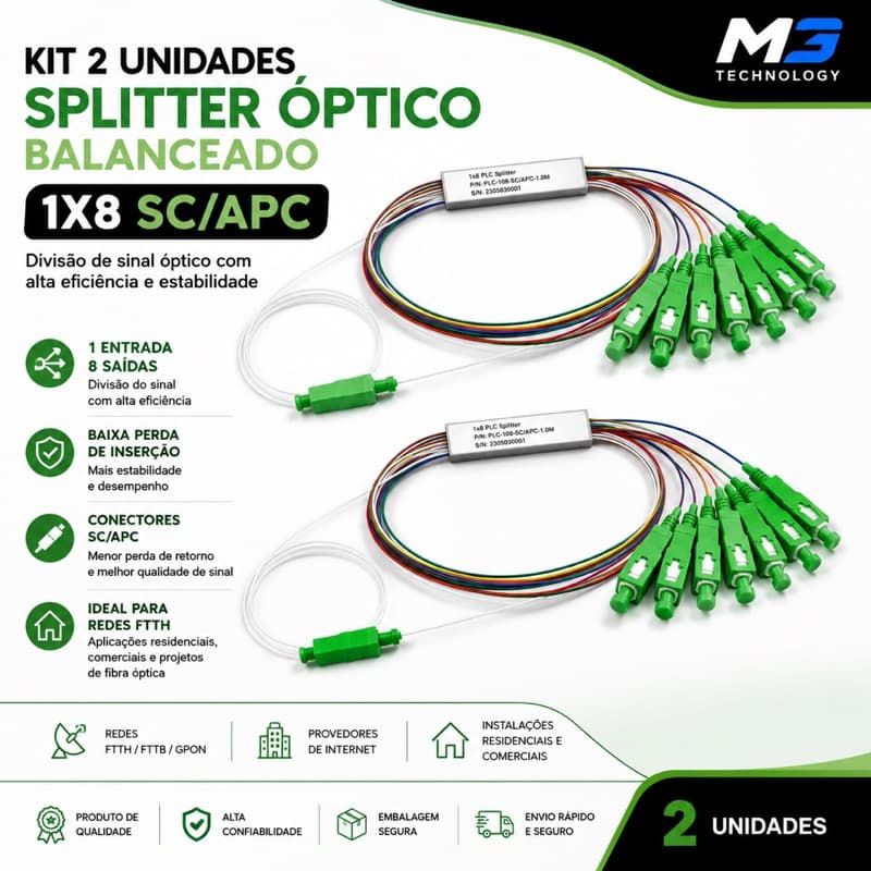 Kit 2 Splitter Óptico Balanceado 1x8 Sc/apc Com Conector