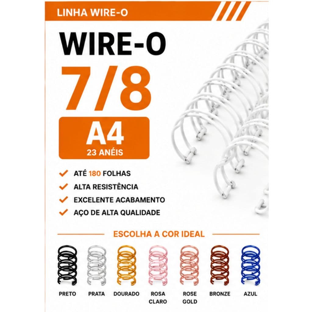 WIRE-O PARA ENCADERNAÇÃO 2X1 A4 7/8" 180 FLS BRANCO,PRETO,PRATA,ROSE GOLD,DOURADO,ROSA CLARO,BRONZE