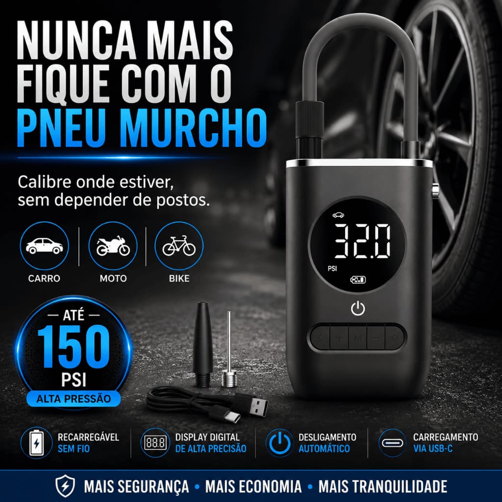 Compressor de Ar Portátil Digital Recarregável 150 PSI Calibrador Pneu Carro Moto Bike USB-C