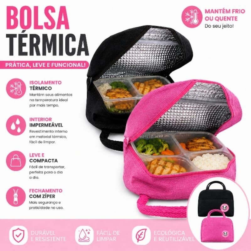 Bolsa Térmica Marmita Lancheira Térmica Impermeável Mantém Quente e Frio Rosa e Preta.