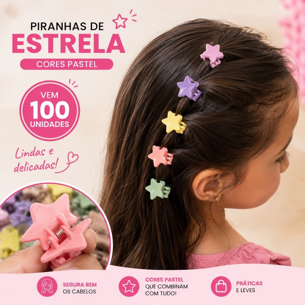Kit 100 Piranhas de Cabelo Estrela Coloridas | Mini Presilhas Delicadas Infantil | Firmes e Leves