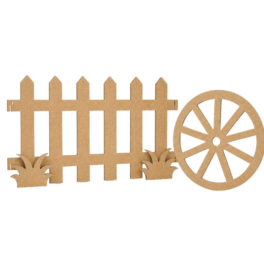 Decoração Festa Fazendinha Roda Carroça + Cerquinha MDF Kit Cenario Pegue e Monte - Escolha Sua Cor