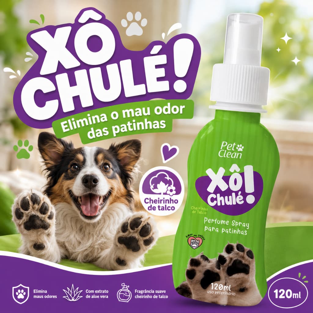 Perfume Spray Xô Chulé Pet Clean 120ml Patinhas Cães e Gatos Cheirinho de Talco