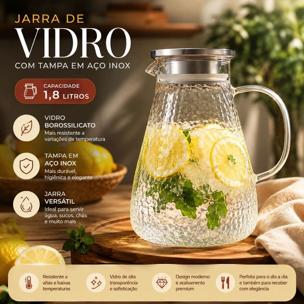 Jarra Tony De Borosilicato C/ Tampa De Aço Inox 1,8 litros