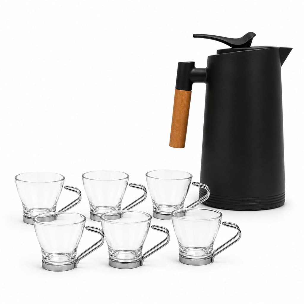 Kit Conjunto de Xícaras com Base e Alça em Inox 230ml + Garrafa Térmica Bird 1L Preta
