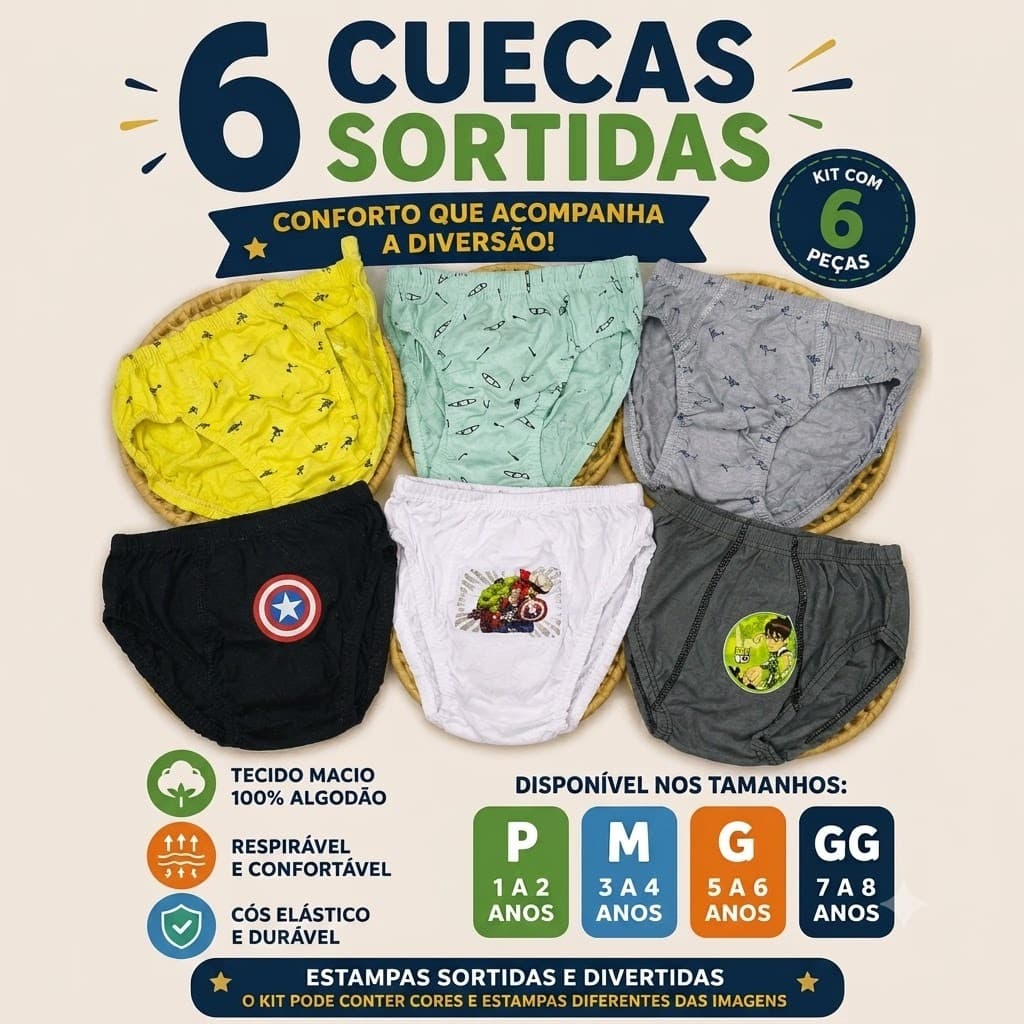 Kit 6 Cuecas Infantil Menino Algodão Sortidas Cueca Masculina