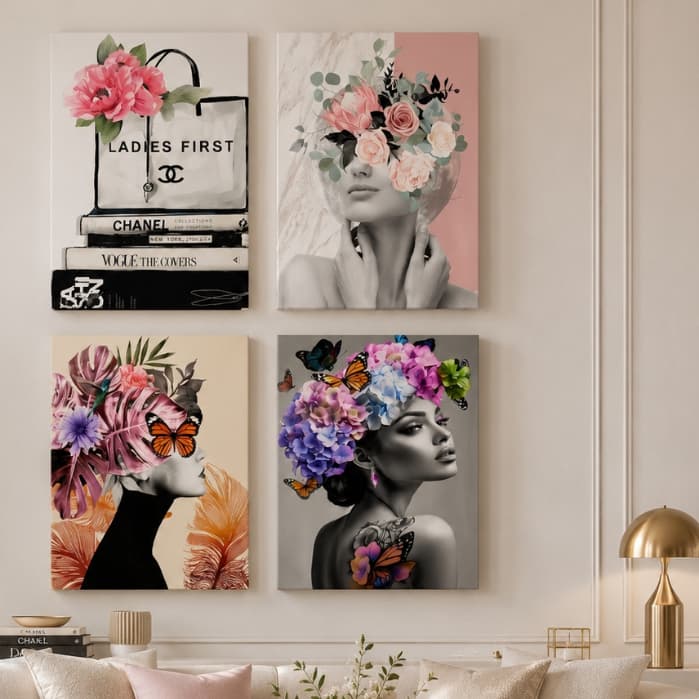 Quadros Decorativos Modernos Sala Quarto MDF 40x50 Canvas Flores Mulher Luxo Decoração Parede Sem Moldura