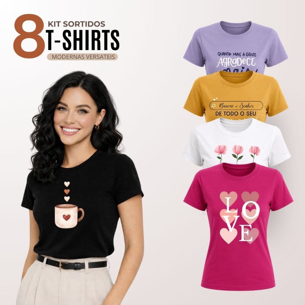 Kit 8 Baby Look Feminina T-Shirt Manga Curta Gola Redonda Malha 100% Algodão Premium Roupas Femininas