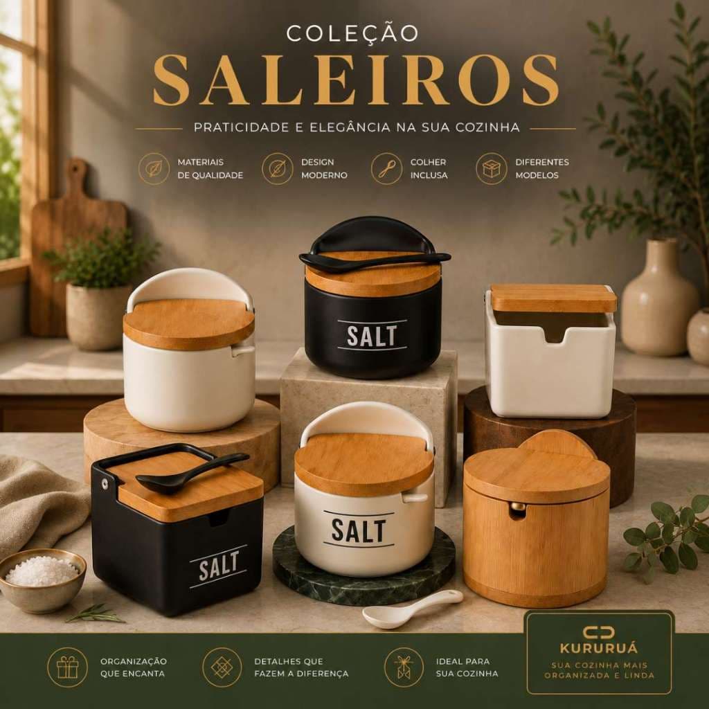 Porta Sal de Porcelana Saleiro Açucareiro Temperos com Tampa Bambu e Colher Preto e Branco