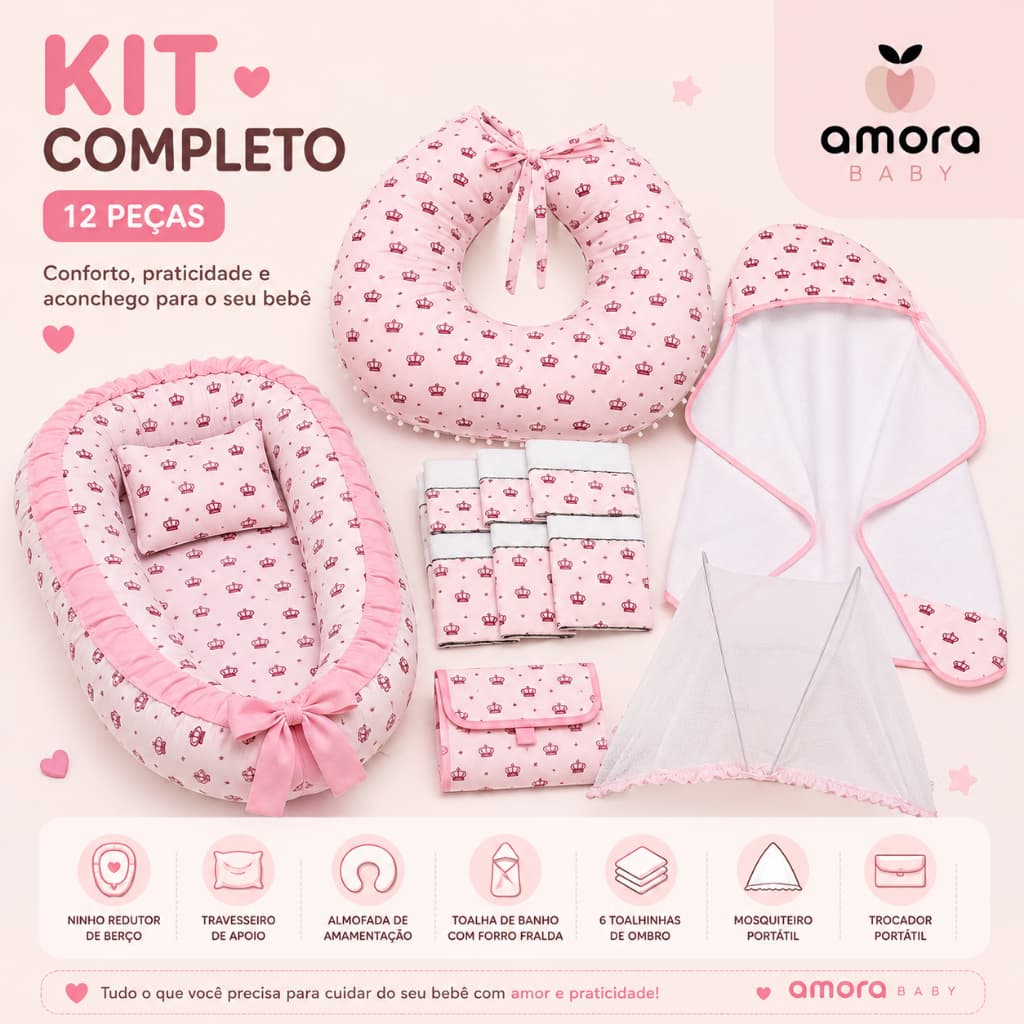 Kit Enxoval Bebê 12 Peças com Ninho Redutor, Almofada Amamentação, Trocador e Mosquiteiro