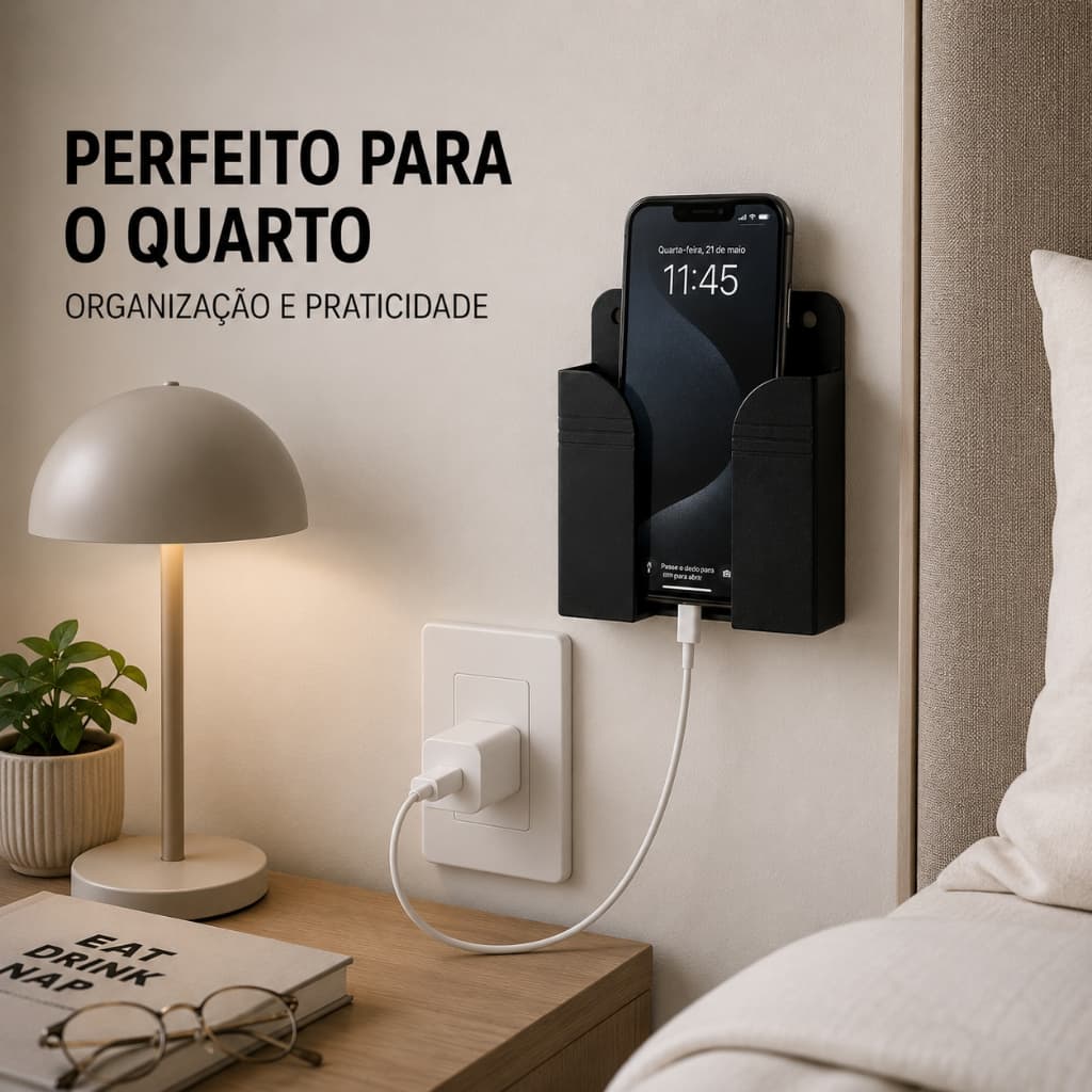 Suporte de Celular Preto de Parede Para Carregar Organizador Controle Remoto Multiuso Com Adesivo