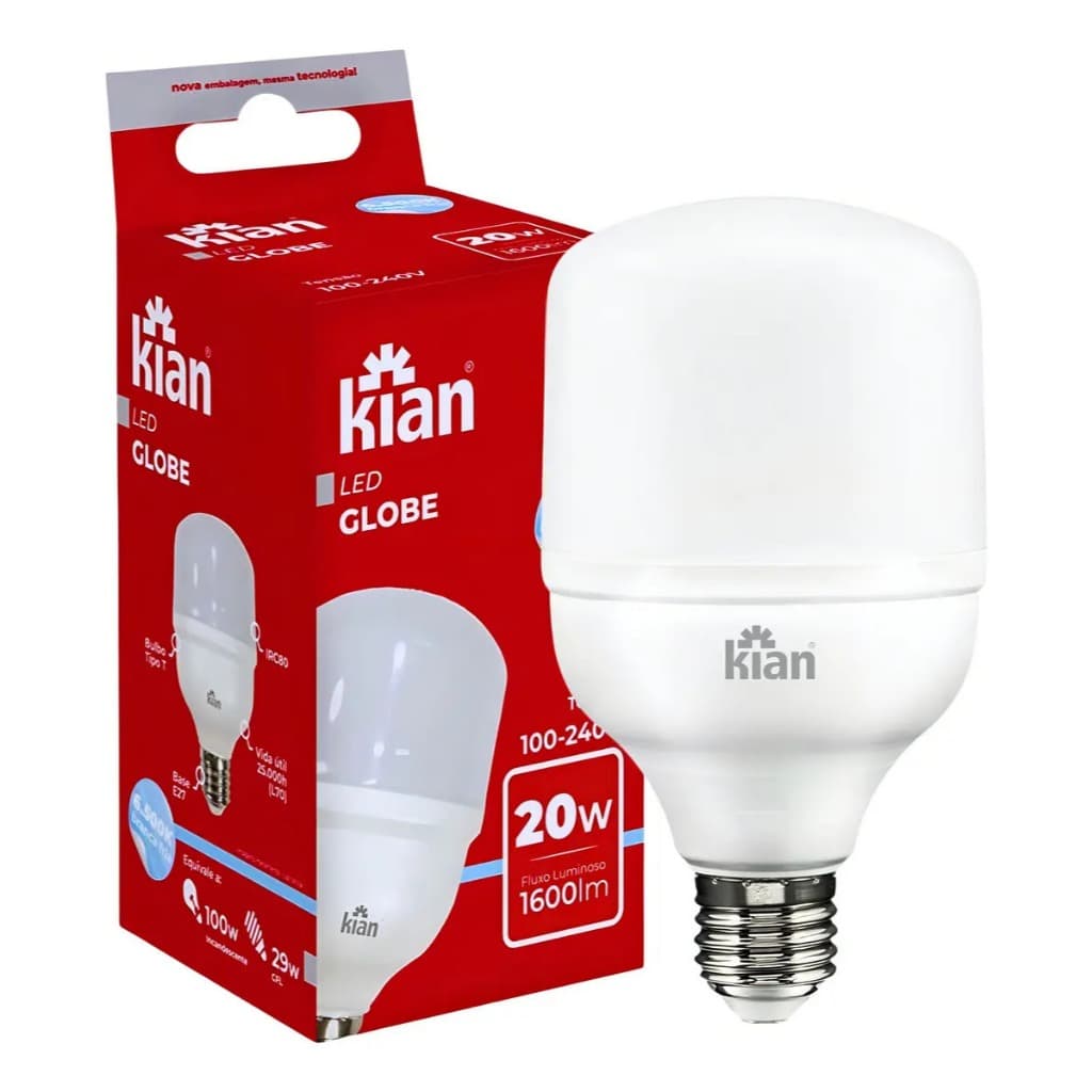 Lampada Led Globe 20w 6.500k Branca Fria Base E27 Kian