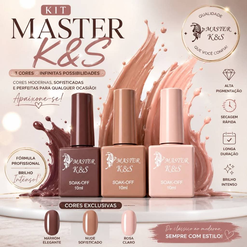 Kit 3 Esmaltes em Gel K&S Marrom Nude Rosa Claro 10ml UV LED Alta Durabilidade
