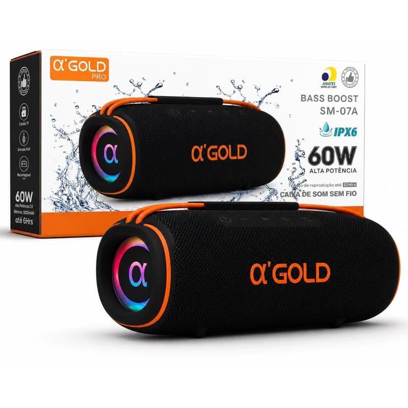 Caixa de Som Bluetooth A’Gold Pro SM-07A 60W Bass Boost IPX6 Portátil Resistente Água Praia Piscina