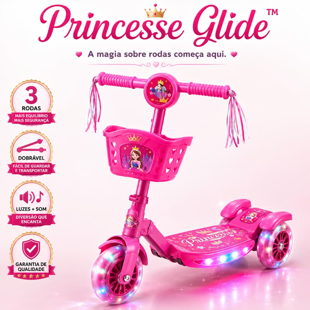 Patinete Infantil 3 Rodas Dobrável com Luzes e Som Rosa Cestinha Antiderrapante Menina