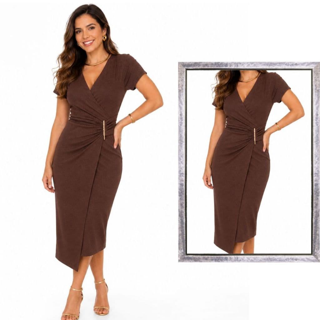 Vestido Feminino Midi Elegante Envelope Transpassado Canelado Decote V