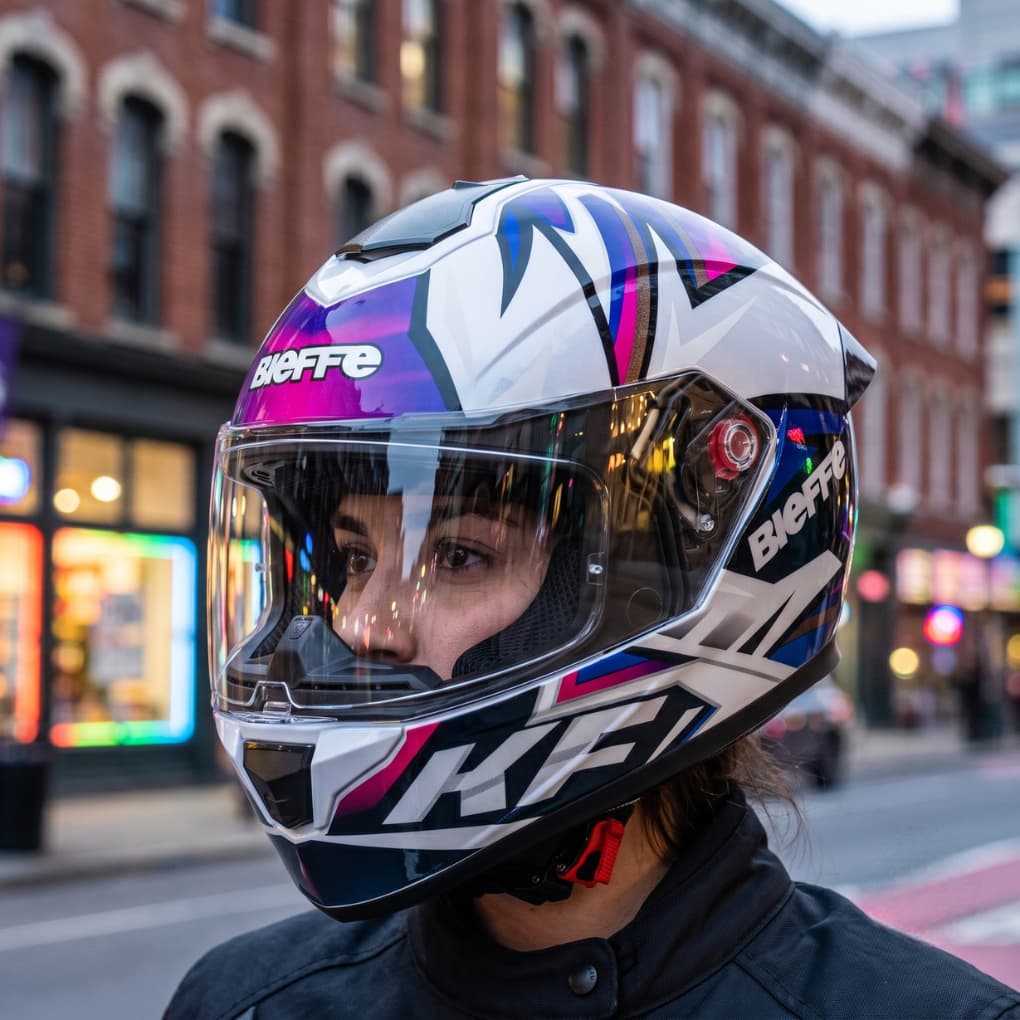 Capacete Fechado Bieffe B12 KF Branco Pérola Roxo Confortável Seguro + Viseira Cristal e Colorida