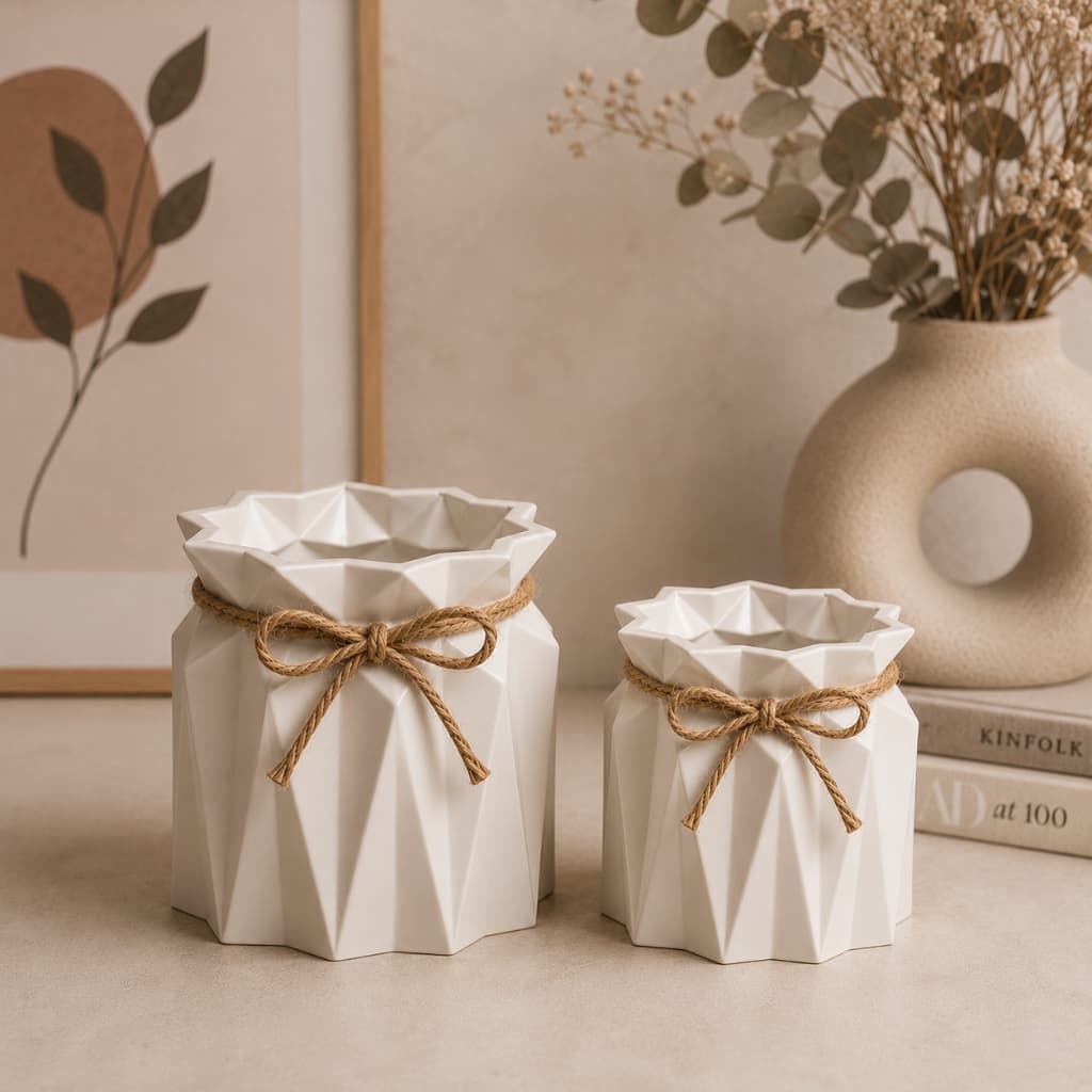 Kit 2 Vasos Decorativos Geométrico com Laço de Sisal Decoração Moderna para Sala Quarto, Escritório