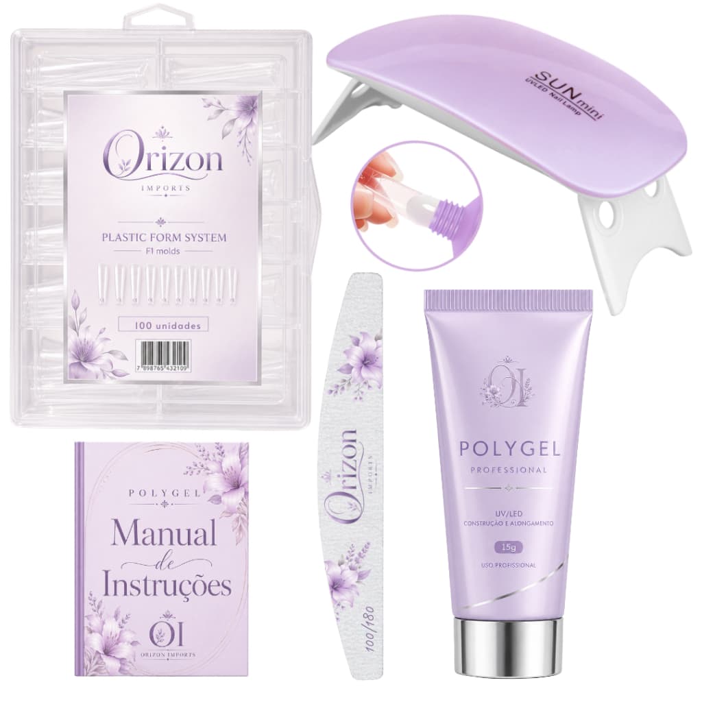 KIT UNHA POLYGEL CABINE SUN + POLYGEL + MOLDE F1 + LIXA 100/180